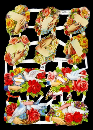 1 Bogen Glanzbilder mit Glimmer , Tiere,  Ereignisse,  Blumen,  Sonstiges,  Everyday,  Taube,  Blumenkorb,  Brief