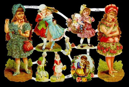 1 Bogen Glanzbilder mit Glimmer , Tiere,  Kinder,  Blumen,  Glanzbilder mit Glimmer,  Frühjahr,  Viktorian Jungen und Mädchen,  Blumenkleid,  Blumenkorb,  Hund