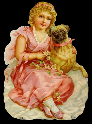 1 Bogen Glanzbilder mit Glimmer , Blumen,  Tiere,  Kinder,  Glanzbilder mit Glimmer,  Everyday,  Viktorian Mädchen mit Hund