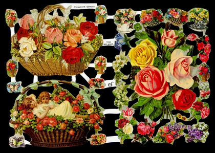 1 Bogen Glanzbilder , Tiere,  Blumen,  Glanzbilder,  Kinder,  Frühjahr,  Kind im Blumenkorb,  Rosenstrauß,  Schmetterlinge