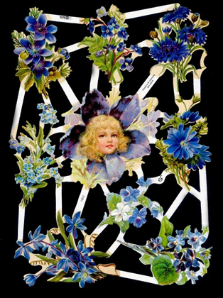 1 Bogen Glanzbilder mit Glimmer , Poesiebilder,  Blumen,  Glanzbilder mit Glimmer,  Kinder,  Frühjahr,  Mädchenkopf in einer Blühte,  Kornblume