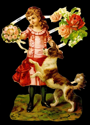 1 Bogen Glanzbilder mit Glimmer , Sonstiges,  Tiere,  Kinder,  Glanzbilder mit Glimmer,  Everyday,  Viktorian Mädchen mit Hund,  Blumenstrauß