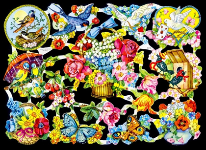 1 Bogen Glanzbilder mit Glimmer , Sonstiges,  Tiere,  Blumen,  Glanzbilder mit Glimmer,  Frühjahr,  Blumenkorb,  Schmetterlinge,  Tauben,  Vögel
