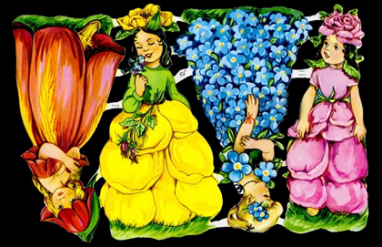 1 Bogen Glanzbilder mit Glimmer , Blumen,  Kinder,  Glanzbilder mit Glimmer,  Sonstiges,  Frühjahr,  4 Blumenmädchen