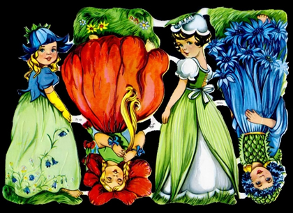 1 Bogen Glanzbilder , Glanzbilder,  Sonstiges,  Blumen,  Kinder,  Frühjahr,  4 Kinder im Blumenkleid
