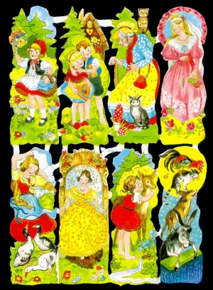 1 Bogen Glanzbilder mit Glimmer , Sonstiges,  Kinder,  Tiere,  Märchen,  Everyday,  Wald,  Katzen,  Hunde,  Esel,  Hahn,  Reh,  Junge und Mädchen,  Hexe,  Princessin