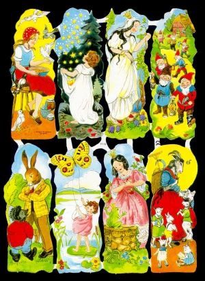 1 Bogen Glanzbilder mit Glimmer , Märchen,  Tiere,  Kinder,  Glanzbilder mit Glimmer,  Everyday,  Wald,  Junge und Mädchen,  Hexe,  Princessin, Schmetterlinge,  Frosch,  Tauben,  Ziegen,  Zwerge