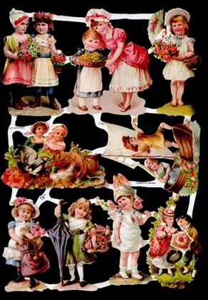 1 Bogen Glanzbilder , Glanzbilder,  Tiere,  Blumen,  Kinder,  Frühjahr,  Viktorian Kinder mit Blumen