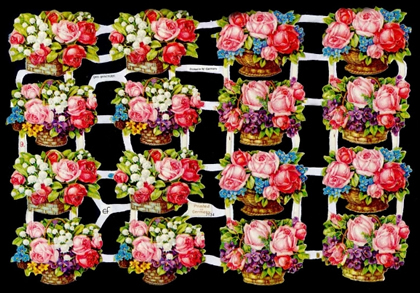 1 Bogen Glanzbilder mit Glimmer ,  Glanzbilder mit Glimmer,  Blumen,  Sonstiges,  Sommer,  16 Blumenkörbe