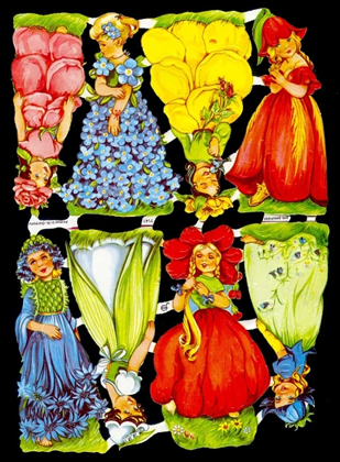 1 Bogen Glanzbilder mit Glimmer , Glanzbilder mit Glimmer,  Sonstiges,  Blumen,  Kinder,  Frühjahr,  8 kleine Blumenmädchen