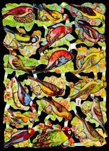 1 Bogen Glanzbilder mit Glimmer , Blumen,  Tiere,  Sonstiges,  Glanzbilder mit Glimmer,  Frühjahr,  Vögel