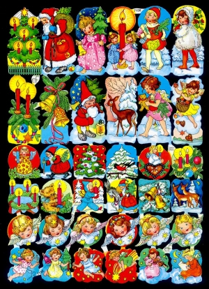 1 Bogen Glanzbilder mit Glimmer , Tiere,  Engel,  Weihnachtsmänner,  Glanzbilder mit Glimmer,  Weihnachten,  Weihnachtsmotive,  Kerzen,  Glocken