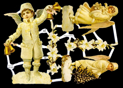 1 Bogen Glanzbilder , Blumen,  Kinder,  Engel,  Glanzbilder,  Weihnachten,  Viktorian ,  Glocken,  Lilien,  Wehnachtsbaum
