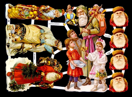 1 Bogen Glanzbilder , Sonstiges,  Weihnachtsmänner,  Kinder,  Glanzbilder,  Weihnachten,  Weihnachtsmann mit Spielzeug,  Tannenbaum