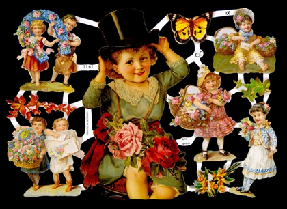 1 Bogen Glanzbilder mit Glimmer , Blumen,  Sonstiges,  Kinder,  Glanzbilder mit Glimmer,  Everyday,  Viktorian,  Schmetterlinge,  Kinder mit Blumenkorb