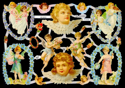 1 Bogen Glanzbilder mit Glimmer , Blumen,  Engel,  Flower Fairies,  Sonstiges,  Everyday,  Engelköpfe,  Engel mit Girlande