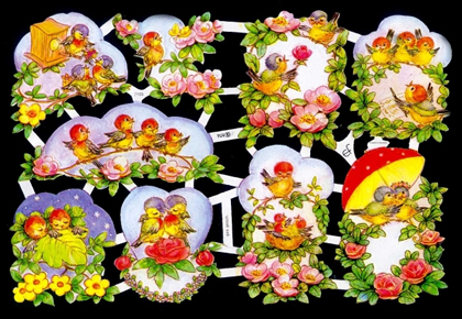 1 Bogen Glanzbilder mit Glimmer , Glanzbilder mit Glimmer,  Sonstiges,  Blumen,  Tiere,  Frühjahr,  Vögel,  vogelhäuschen