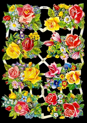 1 Bogen Glanzbilder mit Glimmer , Blumen,  Sonstiges,  Glanzbilder mit Glimmer,  Frühjahr,  Frühlingsstrauß,  Rosen,  Krokus,  Primeln