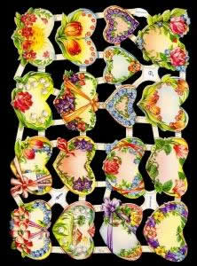1 Bogen Glanzbilder mit Glimmer , Ereignisse,  Sonstiges,  Blumen,  Glanzbilder mit Glimmer,  Frühjahr,  Rosen,  Tulpen,  Maiglöckchen,  Herzrahmen