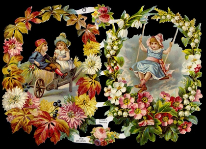 1 Bogen Glanzbilder , Sonstiges,  Glanzbilder,  Blumen,  Kinder,  Frühjahr,  Mädchen auf der Schaukel,  Holzkarre,  Blätter,  Blumen
