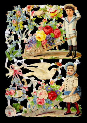 1 Bogen Glanzbilder , Blumen,  Tiere,  Kinder,  Glanzbilder,  Everyday,  Taube,  Blumen in Karre