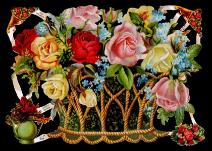 1 Bogen Glanzbilder ,  Blumen,  Sonstiges,  Glanzbilder,  Sommer,  Rosen im Korb,  in einer Kanne