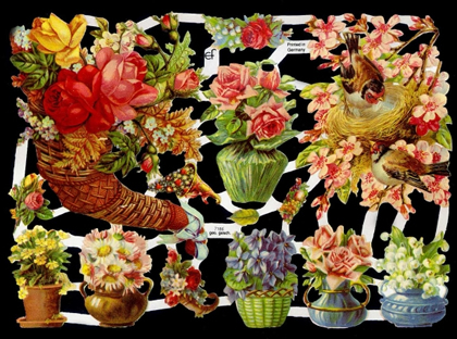 1 Bogen Glanzbilder , Sonstiges,  Blumen,  Tiere,  Glanzbilder,  Frühjahr,  Blumen in der Vase,  Vögel,  Rosen,  Frühlingsblumen