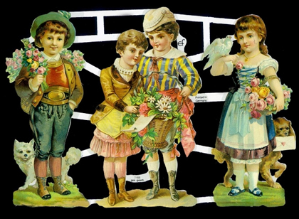 1 Bogen Glanzbilder , Blumen,  Kinder,  Tiere,  Glanzbilder,  Everyday,  Junge mit Blumenstrauß,  Hund,  Taube,  Mädchen mit Blumenkorb