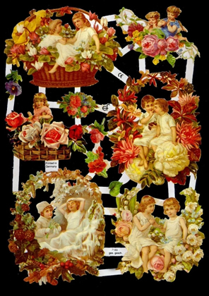 1 Bogen Glanzbilder mit Glimmer ,  Kinder,  Blumen,  Poesiebilder
