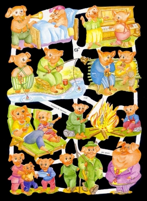 1 Bogen Glanzbilder ,  Sonstiges,  Glanzbilder,  Tiere,  Everyday,  Schweine am Lagerfeuer,  beim angeln