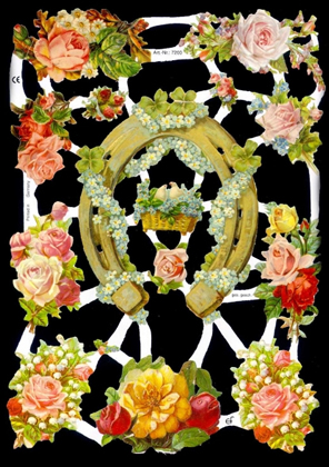 1 Bogen Glanzbilder , Tiere,  Blumen,  Glanzbilder,  Sonstiges,  Sommer,  Rosenstrauß,  Hufeisen,   Blumenkorb,  Tauben