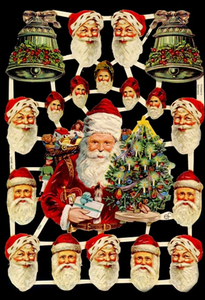 1 Bogen Glanzbilder mit Glimmer ,  Sonstiges,  Glanzbilder mit Glimmer,  Weihnachtsmänner,  Weihnachten,  11 Weihnachtsmannköpfe,  5 kleine Köpfe,  Glocken, Weihnachtsbaum