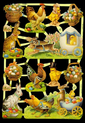 1 Bogen Glanzbilder , Ereignisse,  Tiere,  Sonstiges,  Glanzbilder,  Ostern,  Osterhasen,  Kücken,  Ostereier,  Hühner,  Kutsche,  Osterkorb