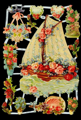 1 Bogen Glanzbilder ,  Sonstiges,  Blumen,  Glanzbilder,  Sommer,  Schiff mit Blumen,  Rosen