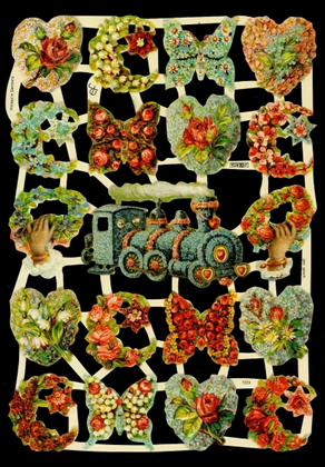 1 Bogen Glanzbilder , Tiere,  Blumen,  Sonstiges,  Glanzbilder,  Frühjahr,  Blumen in Schmetterlingsform und Lokomotivenform,  Rosen,  Frühlingsblumen