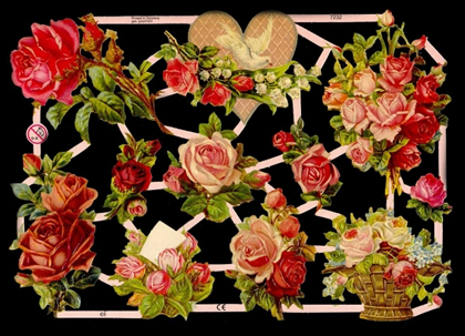 1 Bogen Glanzbilder mit Glimmer , Sonstiges,  Blumen,  Tiere,  Glanzbilder mit Glimmer,  Sommer,  Tauben,  Rosenstrauß,  Maiglöckchen,  Blumen in der Vase