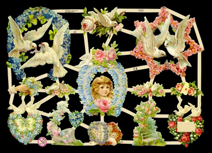 1 Bogen Glanzbilder , Tiere,  Kinder,  Blumen,  Glanzbilder,  Frühjahr,  Tauben,  Bank im Garten,  Blumengirlanden