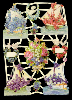 1 Bogen Glanzbilder , Tiere,  Glanzbilder,  Blumen,  Sonstiges,  Sommer,  Schiffe mit Blumen,  Tauben