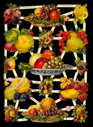 1 Bogen Glanzbilder mit Glimmer ,  Früchte,  Sonstiges,  Glanzbilder mit Glimmer,  Sommer,  Obstkorb,  Bananen,  Weintrauben,  Kirschen,  Zitronen,  Birnen,  Äpfel