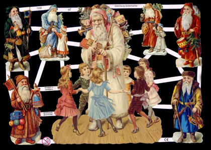 1 Bogen Glanzbilder , Sonstiges,  Weihnachtsmänner,  Kinder,  Glanzbilder,  Weihnachten,  1 Großer Weihnachtsmann mit Kindern, 6 kleine Weihnachtsmänner mit Kindern und Geschenken