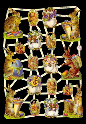 1 Bogen Glanzbilder mit Glimmer , Glanzbilder mit Glimmer,  Tiere,  Sonstiges,  Blumen,  Ostern,  Osterhasen mit Eiern,  Veilchen im Ei,  Kücken,  Osterhase mit Eierkorb