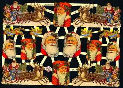 1 Bogen Glanzbilder mit Glimmer , Sonstiges,  Weihnachtsmänner,  Tiere,  Glanzbilder mit Glimmer,  Weihnachten,  Weihnachtsschlitten,  Geschenke,  Kerzen,  Baumschmuck,  Glocken,  Ilex