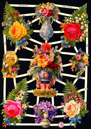 1 Bogen Glanzbilder mit Glimmer ,  Blumen,  Sonstiges,  Glanzbilder mit Glimmer,  Frühjahr,  Blumen in der Vase,  Maiglöckchen,  Rosen