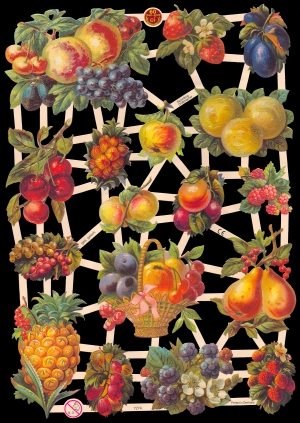 1 Bogen Glanzbilder mit Glimmer , Sonstiges,  Früchte,  Blumen,  Glanzbilder mit Glimmer,  Sommer,  Obst,  Kirschen,  Äpfel,  Himbeeren,  Birnen,  Ananas