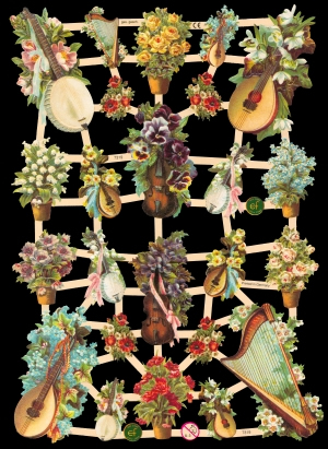 1 Bogen Glanzbilder ,  Sonstiges,  Glanzbilder,  Blumen,  Frühjahr,  Harfe,  Geige,  Mandoline,  mit Blumen