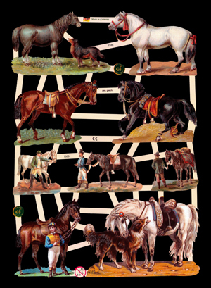 1 Bogen Glanzbilder ,  Tiere,  Glanzbilder,  Pferde,  Hunde,  Reiter