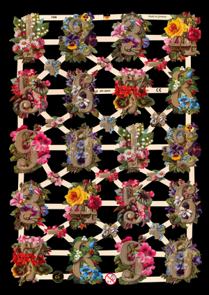 1 Bogen Glanzbilder mit Glimmer ,  Blumen,  Glanzbilder mit Glimmer,  Zahlen,  Ziffern,  Rosen
