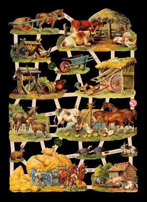 1 Bogen Glanzbilder mit Glimmer ,  Tiere,  Glanzbilder mit Glimmer,  Sommer,  Pferde,  Hasen,  Kühe,  Hühner,  Bauernhof