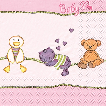 20 Servietten - 25 x 25 cm Babys Friends rose, Tiere - Katzen,  Spielsachen - Stofftiere,  Sonstiges - Schriften,  Ereignisse - Geburt,  Everyday,  cocktail servietten,  Teddybär,  Ente