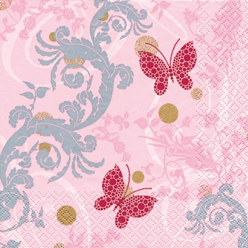 20 Servietten - 25 x 25 cm Papillon Ornament rose,  Blumen -  Sonstige,  Tiere - Schmetterlinge,  Sommer,  cocktail servietten